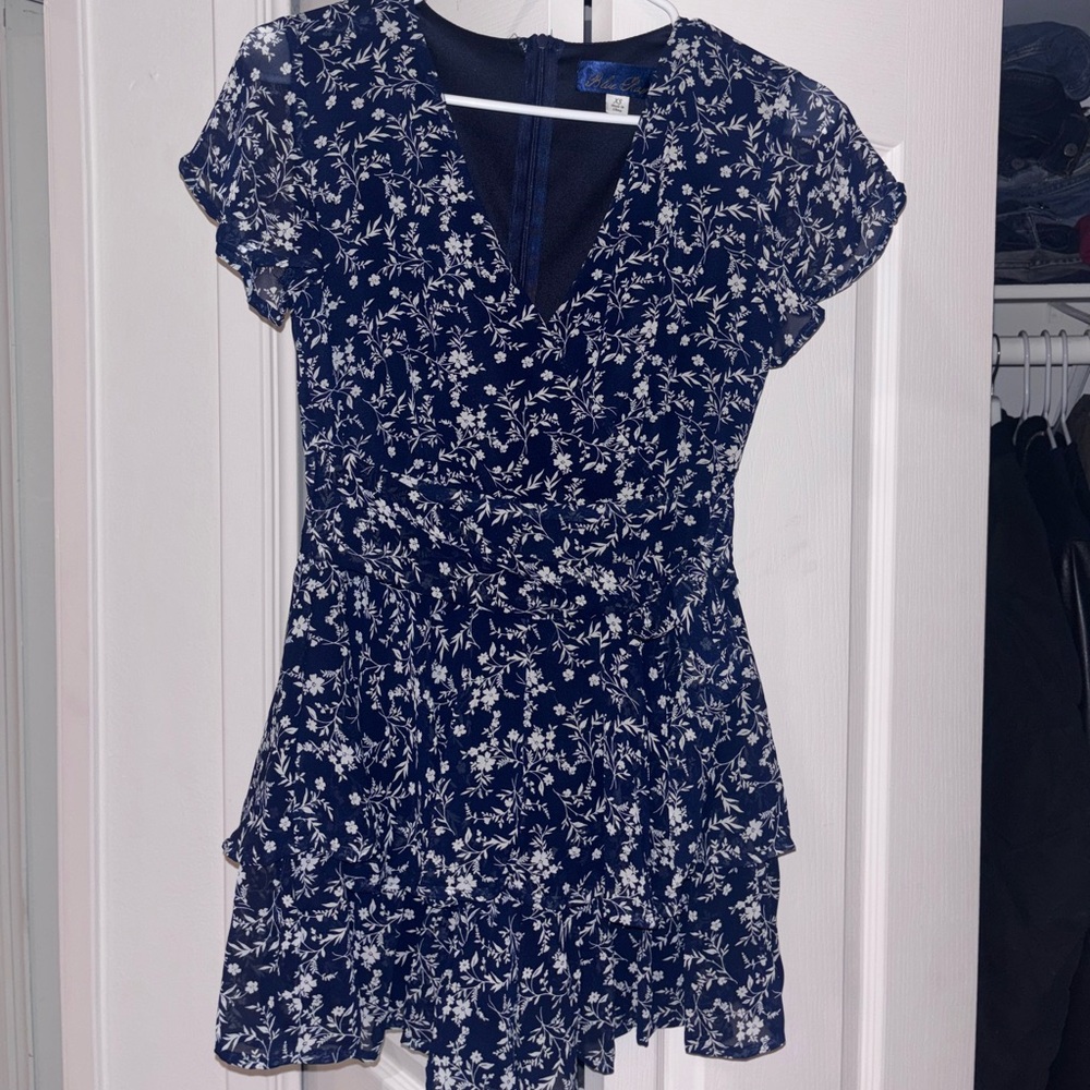 Blue Rain Midnight Blue Dress with White Floral Design
